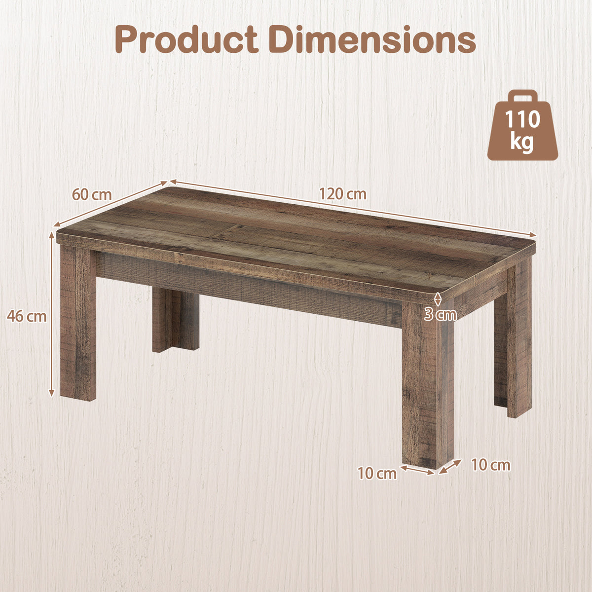 Dimensions diagram of 120cm rectangular coffee table, 60cm wide, 46cm high, 110kg capacity