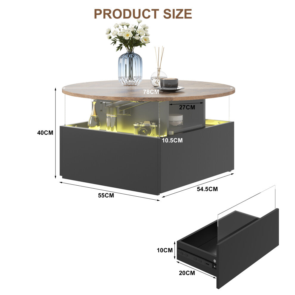Dimensions of the round lift top coffee table: 78cm diameter top, 40cm height, 55 x 54.5cm base and drawer sizes