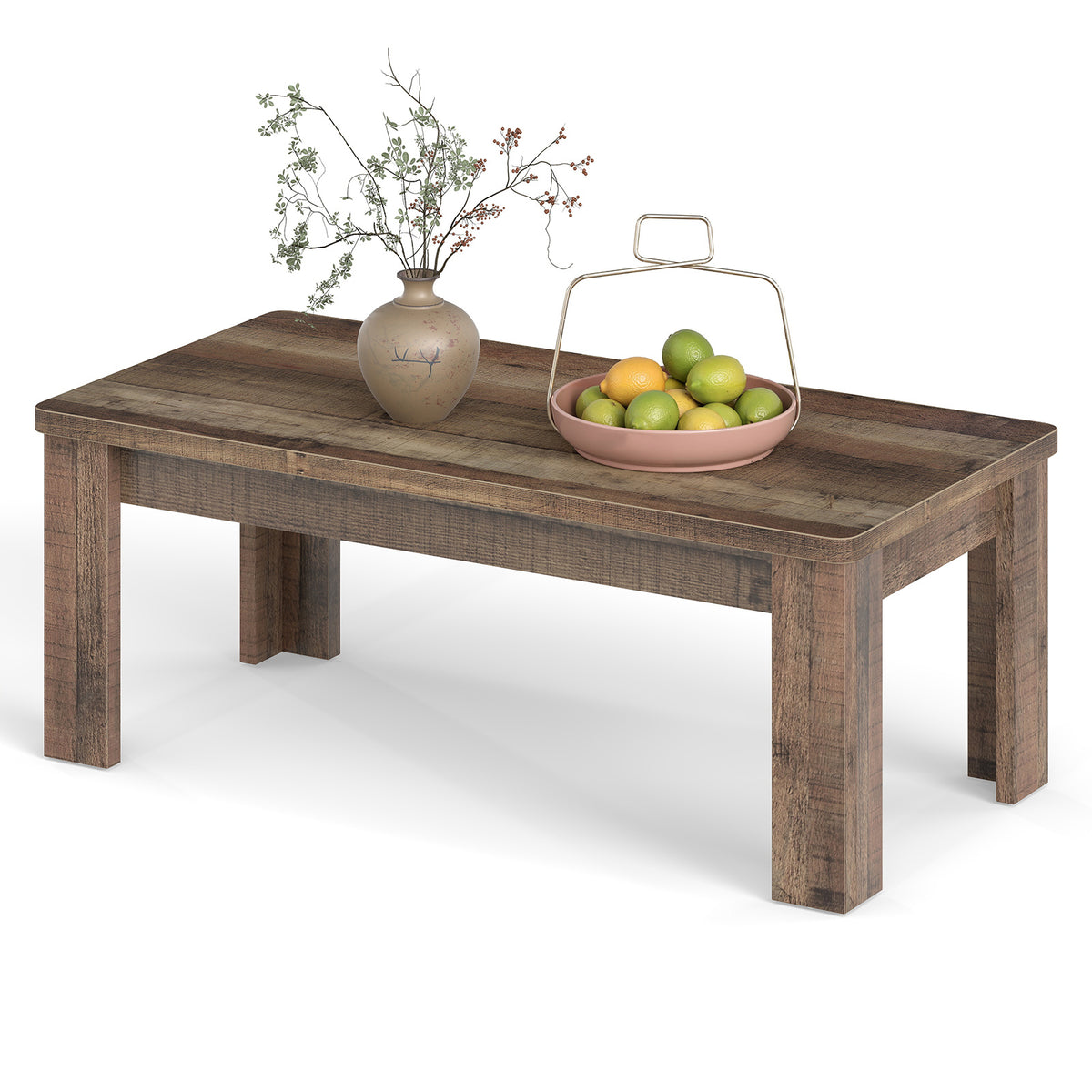 120cm rustic brown rectangular coffee table with chunky square legs on white background