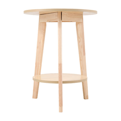 Light wood 2 tier round side table with three splayed solid wood legs on a white background