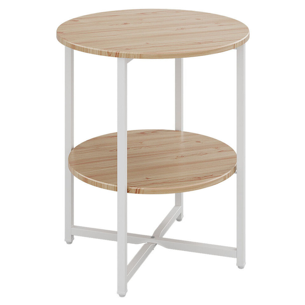 2-tier round side table with light pine-effect top and white metal cross-brace legs
