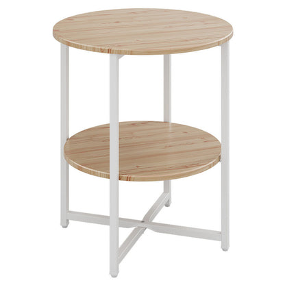 2-tier round side table with light pine-effect top and white metal cross-brace legs