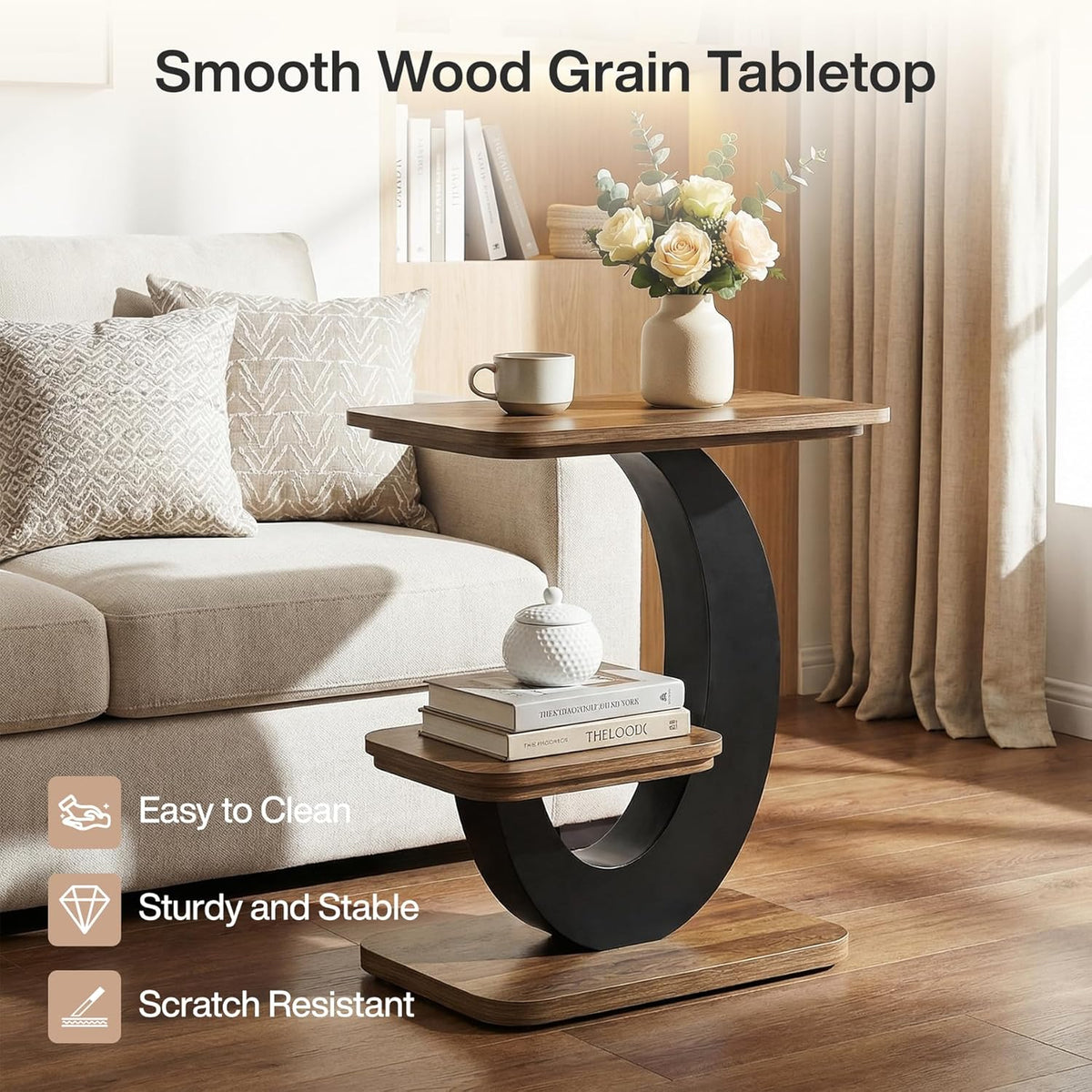 2 tier side table with smooth wood-grain top in a bright living room