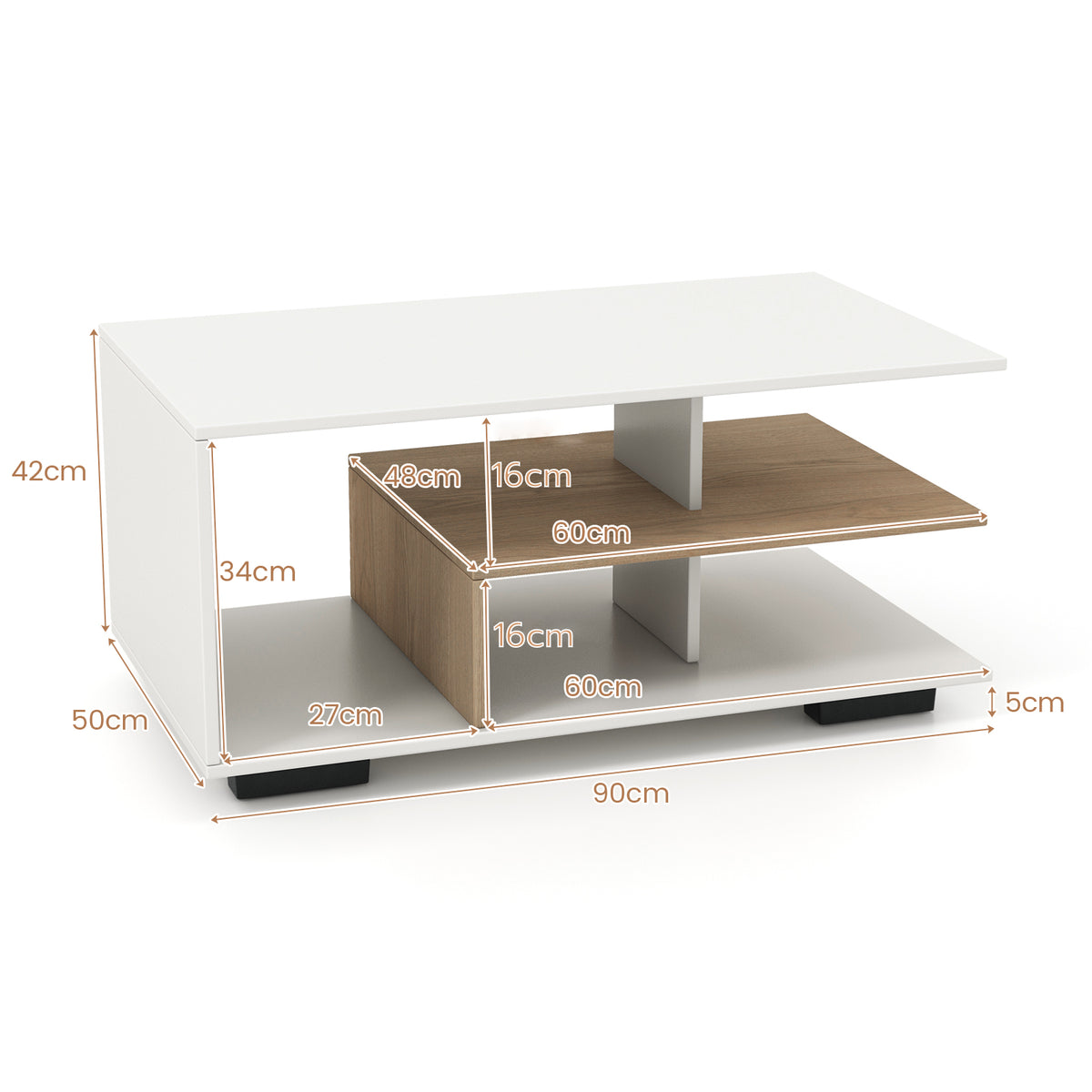 Dimensions diagram of 3-tier white coffee table 90cm long, 50cm deep, 42cm high