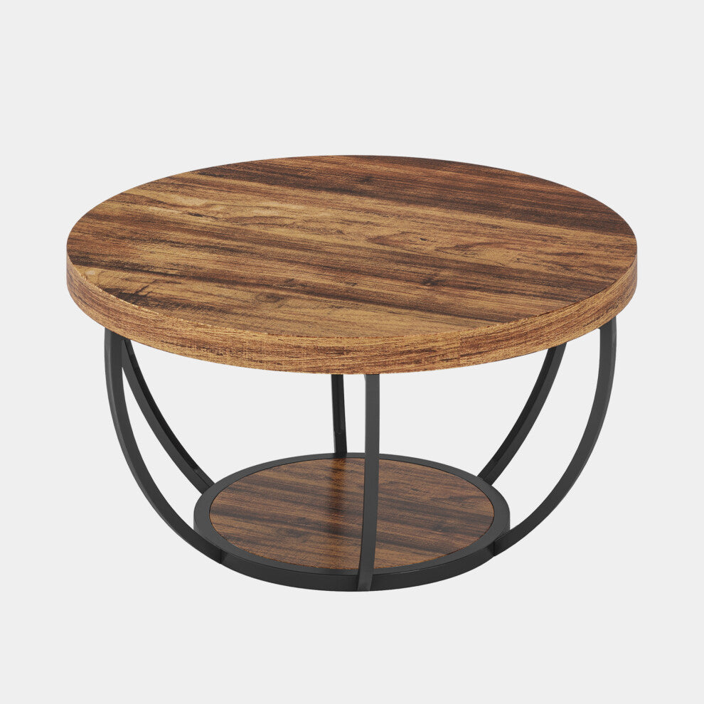 80cm brown round coffee table with curved black metal base and lower shelf