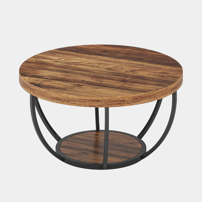 80cm brown round coffee table with curved black metal base and lower shelf