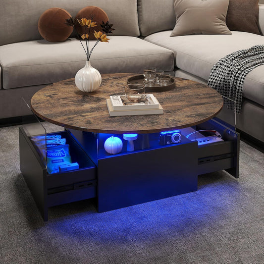 Round coffee table with RGB LED light and wireless remote control, 19 lighting modes