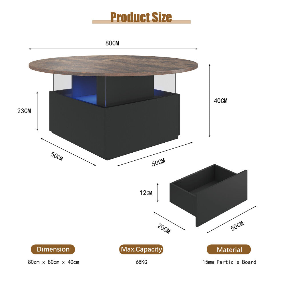 Round coffee table with blue LED light glowing beneath rustic wood tabletop at night