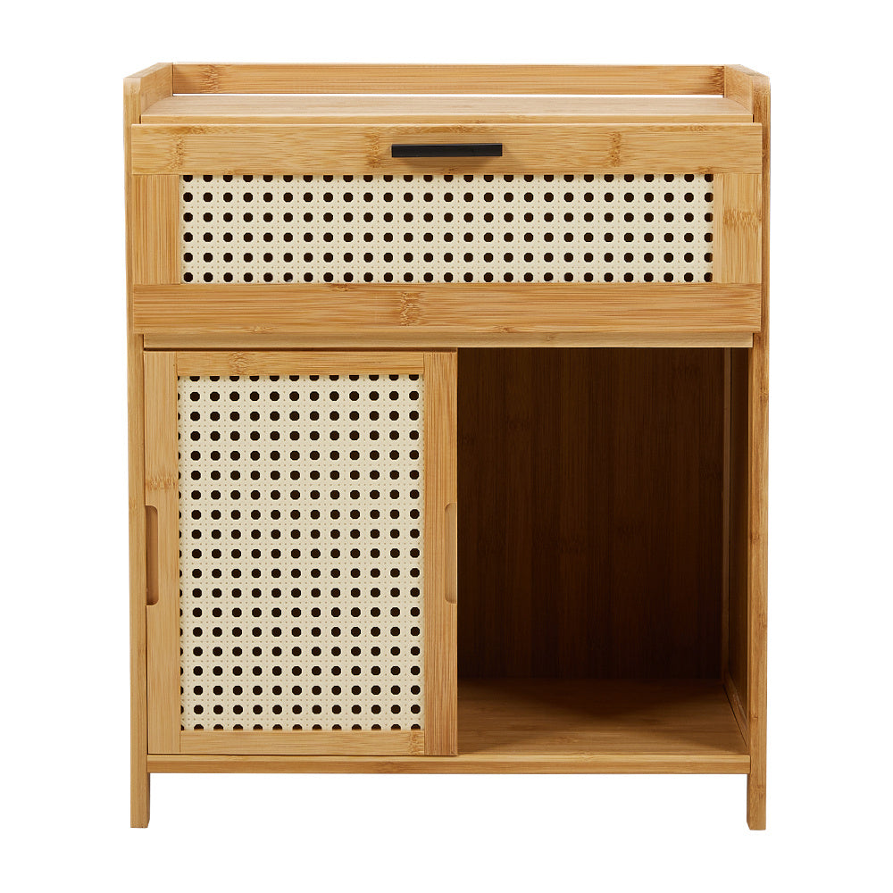 Bamboo bedside table with rattan-effect drawer front and sliding door on a white background