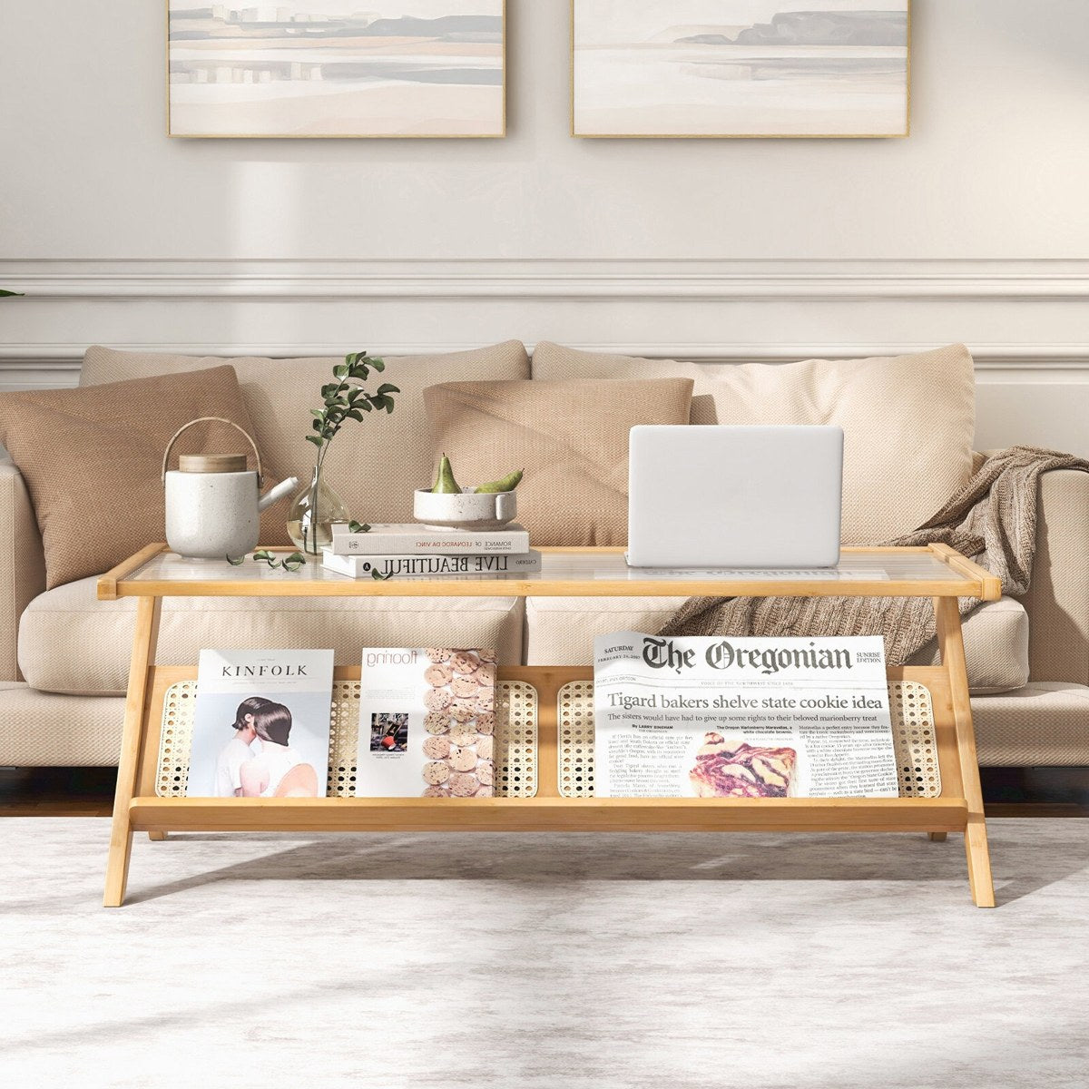 Front view of bamboo rectangular coffee table with ribbed glass top and woven-style shelf