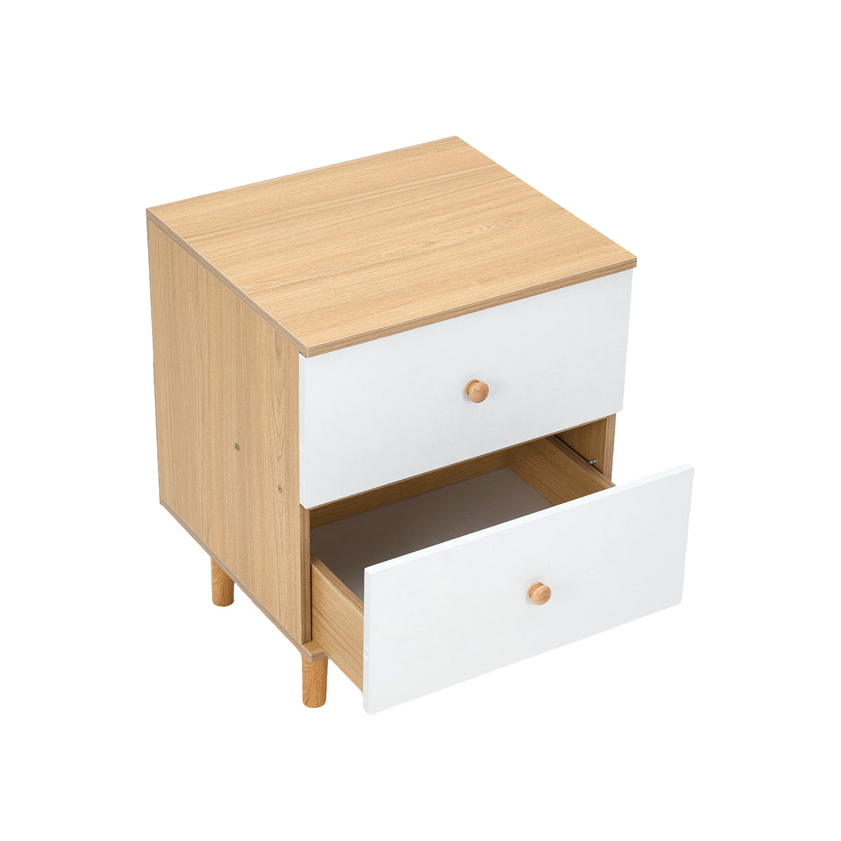 Bedside table with one drawer pulled open
