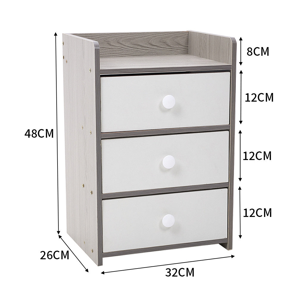 Bedside table with 3 drawers dimensions in cm: 32cm wide, 26cm deep, 48cm high