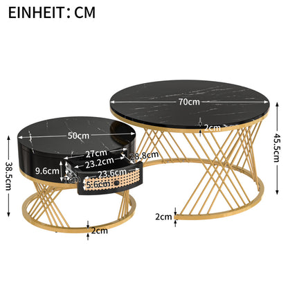 Black and gold round coffee tables dimensions: 70cm x 45.5cm and 50cm x 38.5cm with drawer