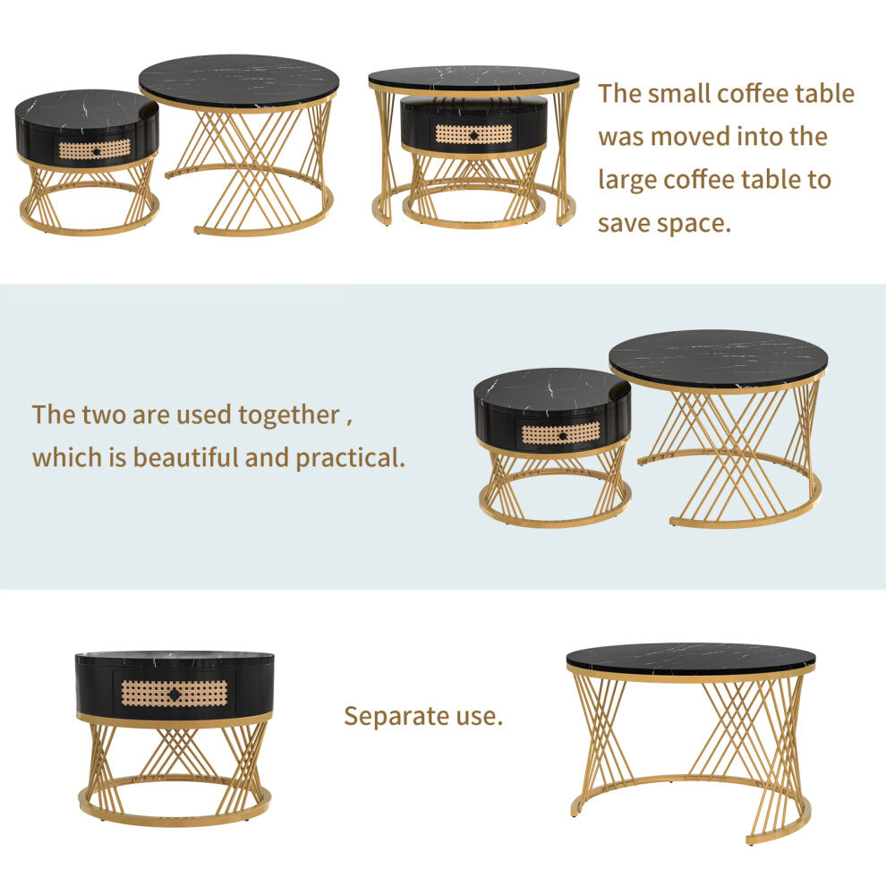 Black and gold round nesting coffee tables shown together, nested and used separately
