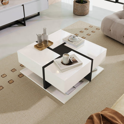 Black and white square coffee table with glossy top, tray of glasses and books on a woven rug