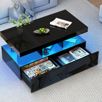 Black coffee table with storage showing both drawers open and blue LED lighting