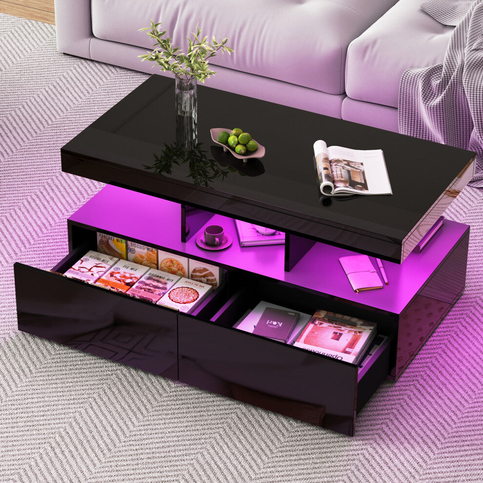 Black gloss coffee table with drawers and purple LED glow on the display level