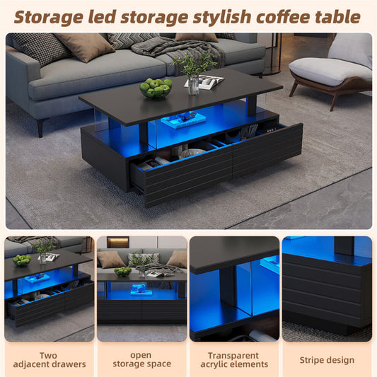 Black LED coffee table with two drawers, open storage space, acrylic panels and striped drawer fronts