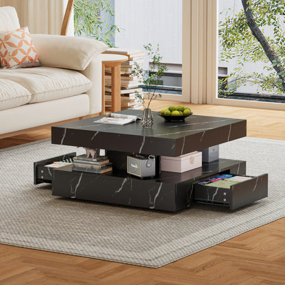 Square black marble effect coffee table with both corner drawers open beside a cream sofa