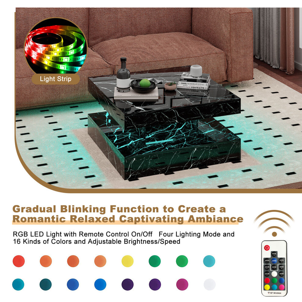 Black marble effect two-tier coffee table with RGB LED light strip, remote control and 16 colour options