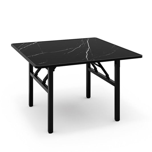 Black square coffee table with marble-effect top and black metal folding legs on a white background
