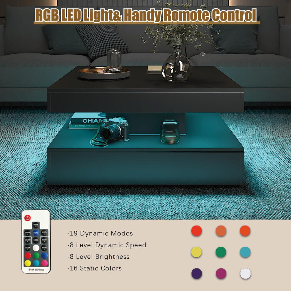 Black square LED coffee table with RF remote control, 16 static colours, 19 dynamic modes and 8 brightness levels