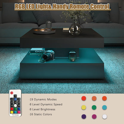 Black square LED coffee table with RF remote control, 16 static colours, 19 dynamic modes and 8 brightness levels