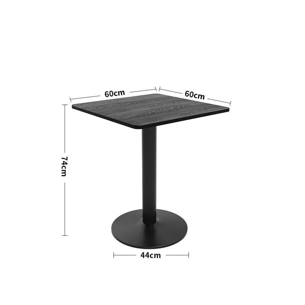 Black square pedestal table dimensions: 60cm x 60cm top, 74cm height, 44cm round base