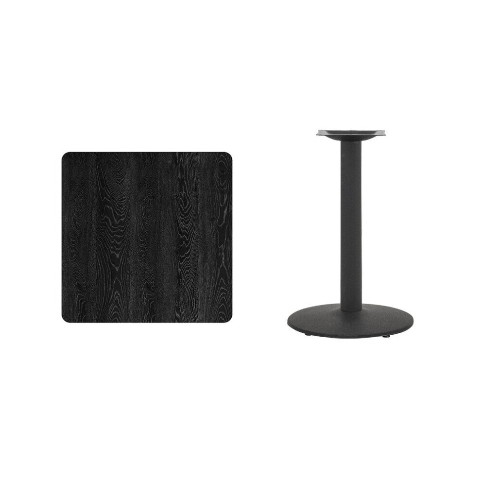 Black square wood-grain tabletop with rounded corners shown beside its pedestal base and mounting plate