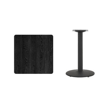 Black square wood-grain tabletop with rounded corners shown beside its pedestal base and mounting plate