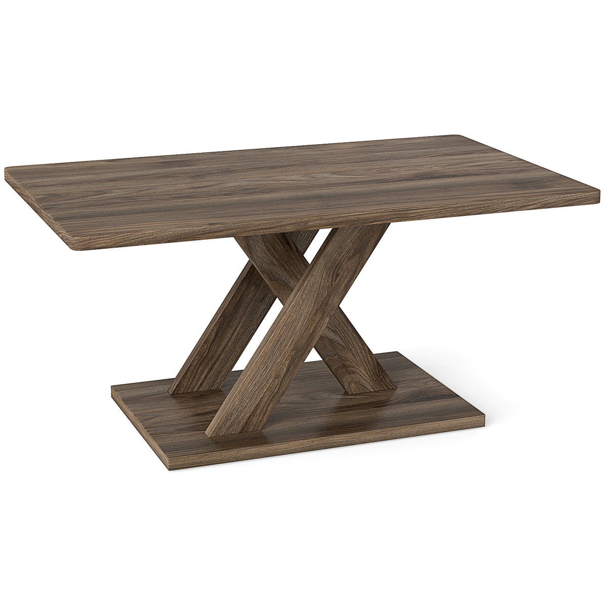 Brown rectangular coffee table with X-shaped wooden-look pedestal on a white background