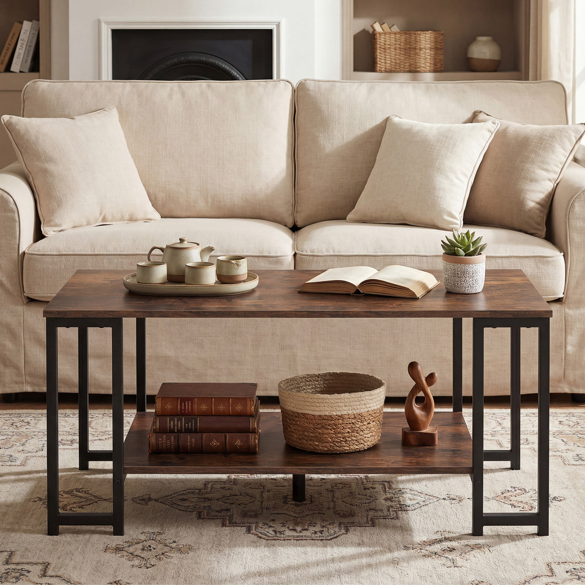 Brown wood-effect coffee table with black frame, tea set on top and books on the lower shelf