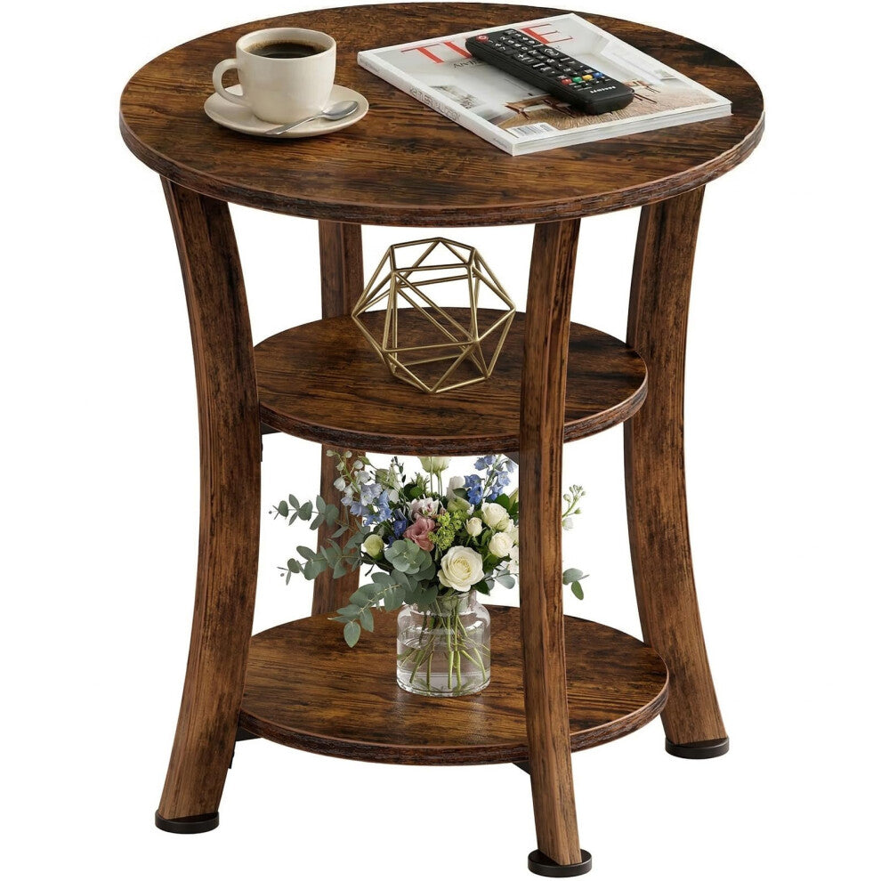 Brown wood effect round coffee table with curved legs and two lower shelves