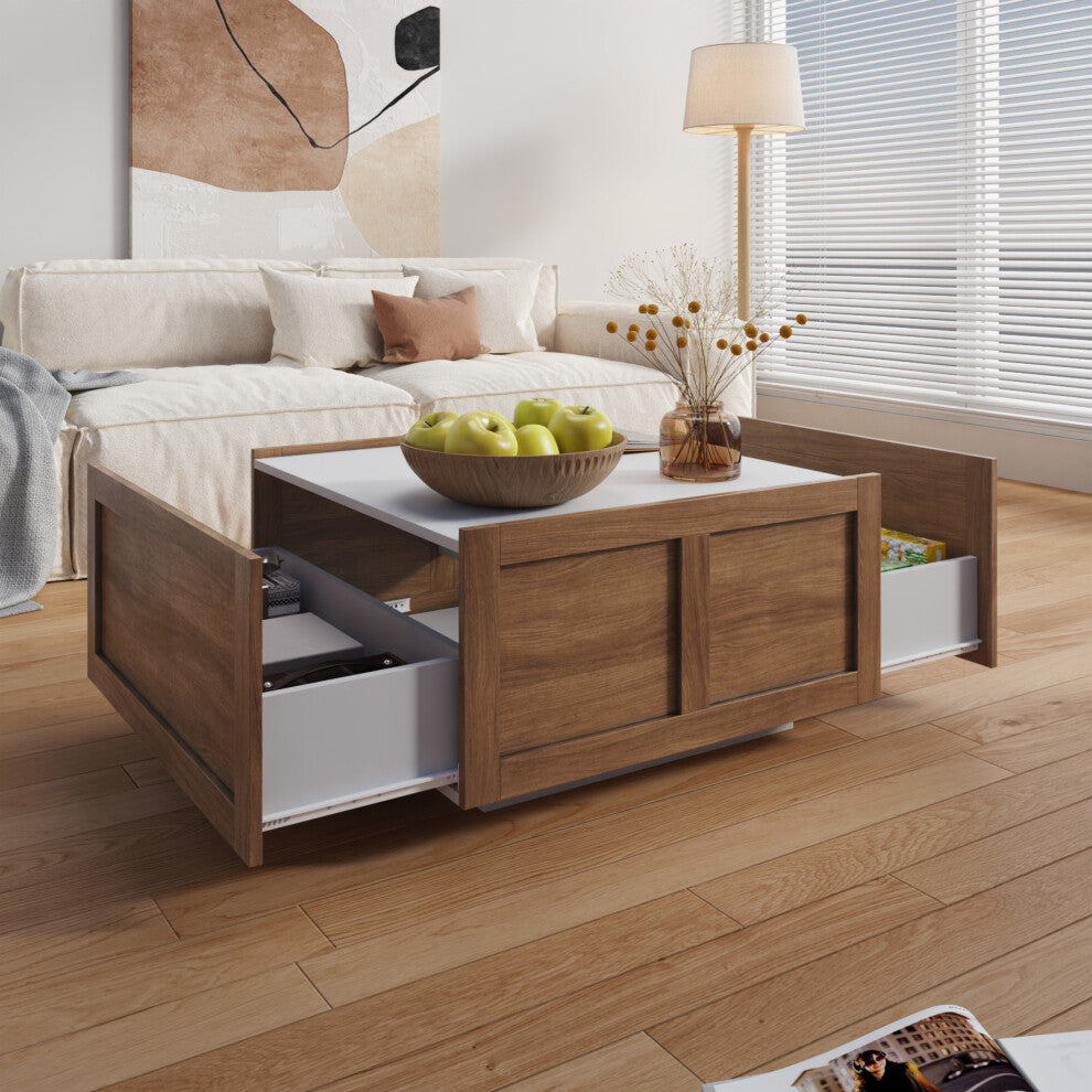 Walnut effect square coffee table with storage drawers open in a bright living room