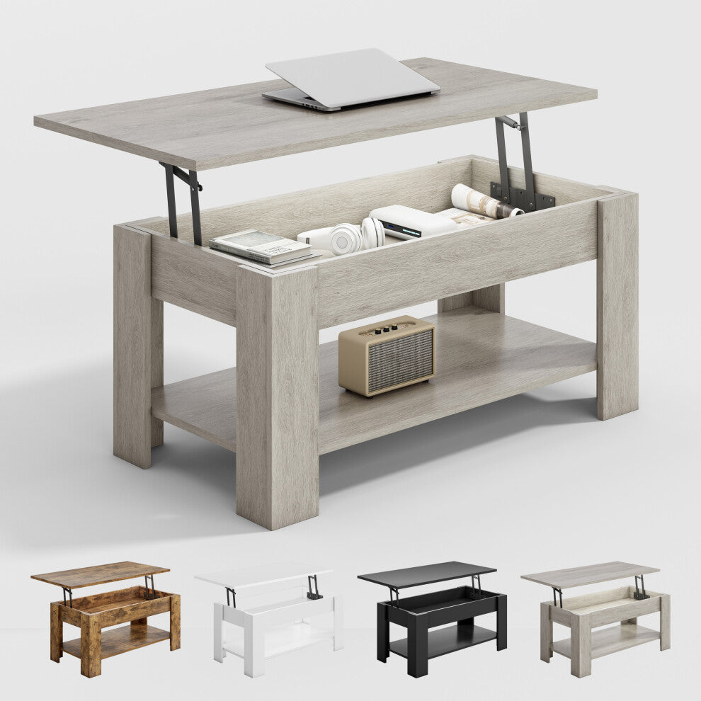 Coffee table with storage in grey oak effect with raised lift top and open shelf