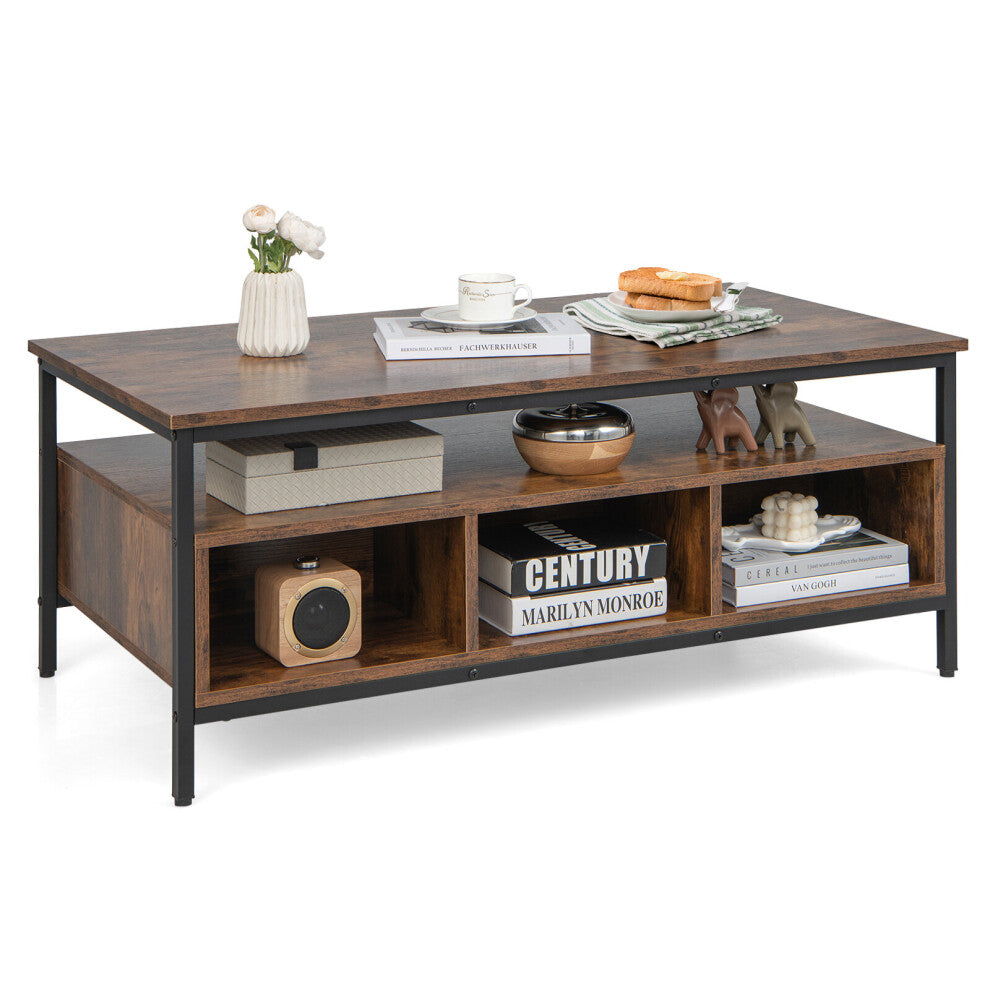 Coffee table with storage in rustic brown wood effect with black frame, open shelf and three cubbies