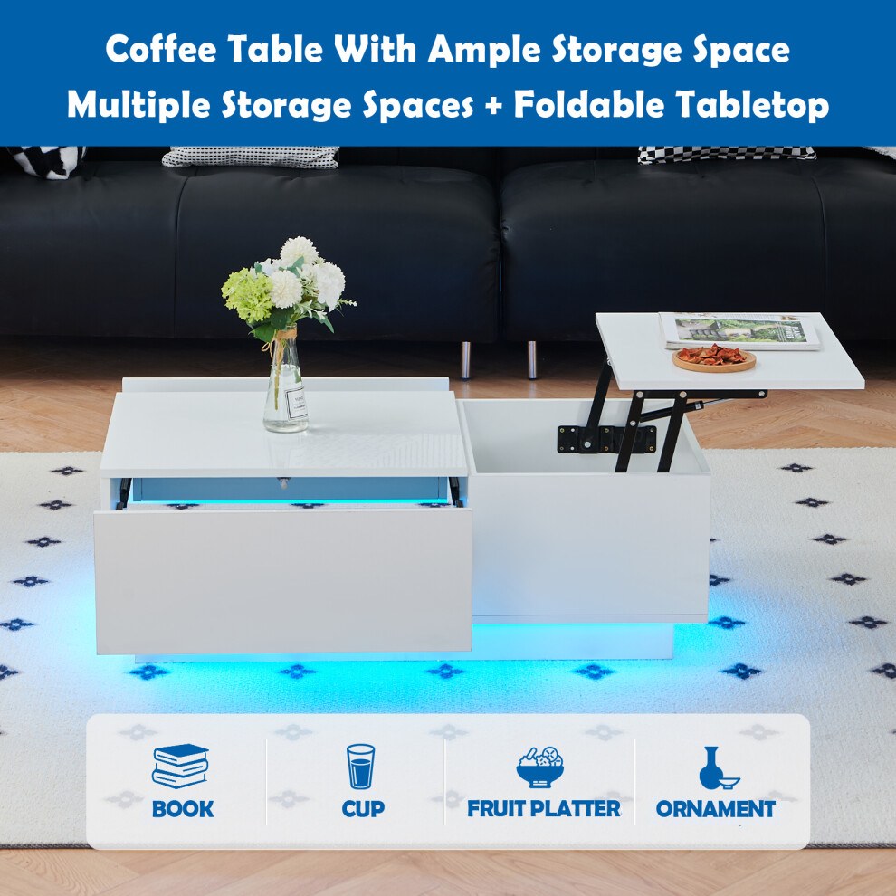 White gloss coffee table with storage showing open bay under the lifted top and pull-out drawer