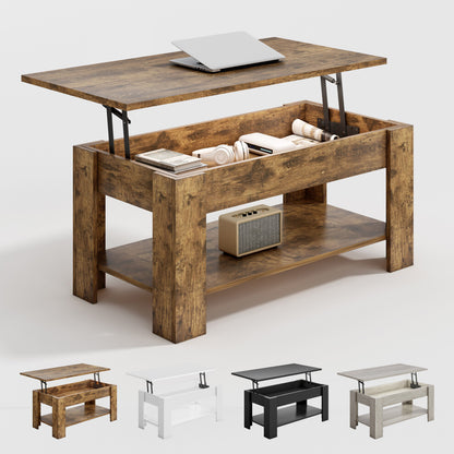 Rustic brown wood effect lift up coffee table with storage and open shelf