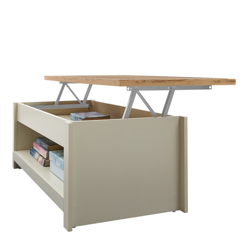 Side view of cream and wood coffee table with lift up top and open lower shelf