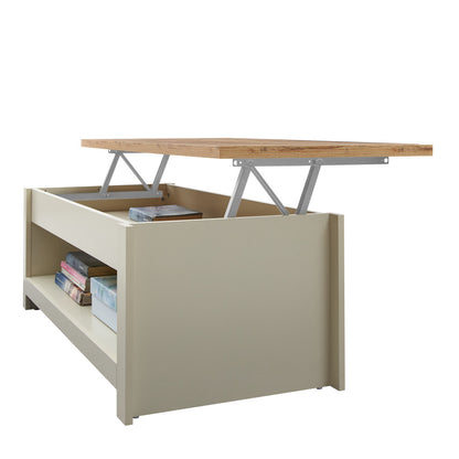 Side view of cream and wood coffee table with lift up top and open lower shelf