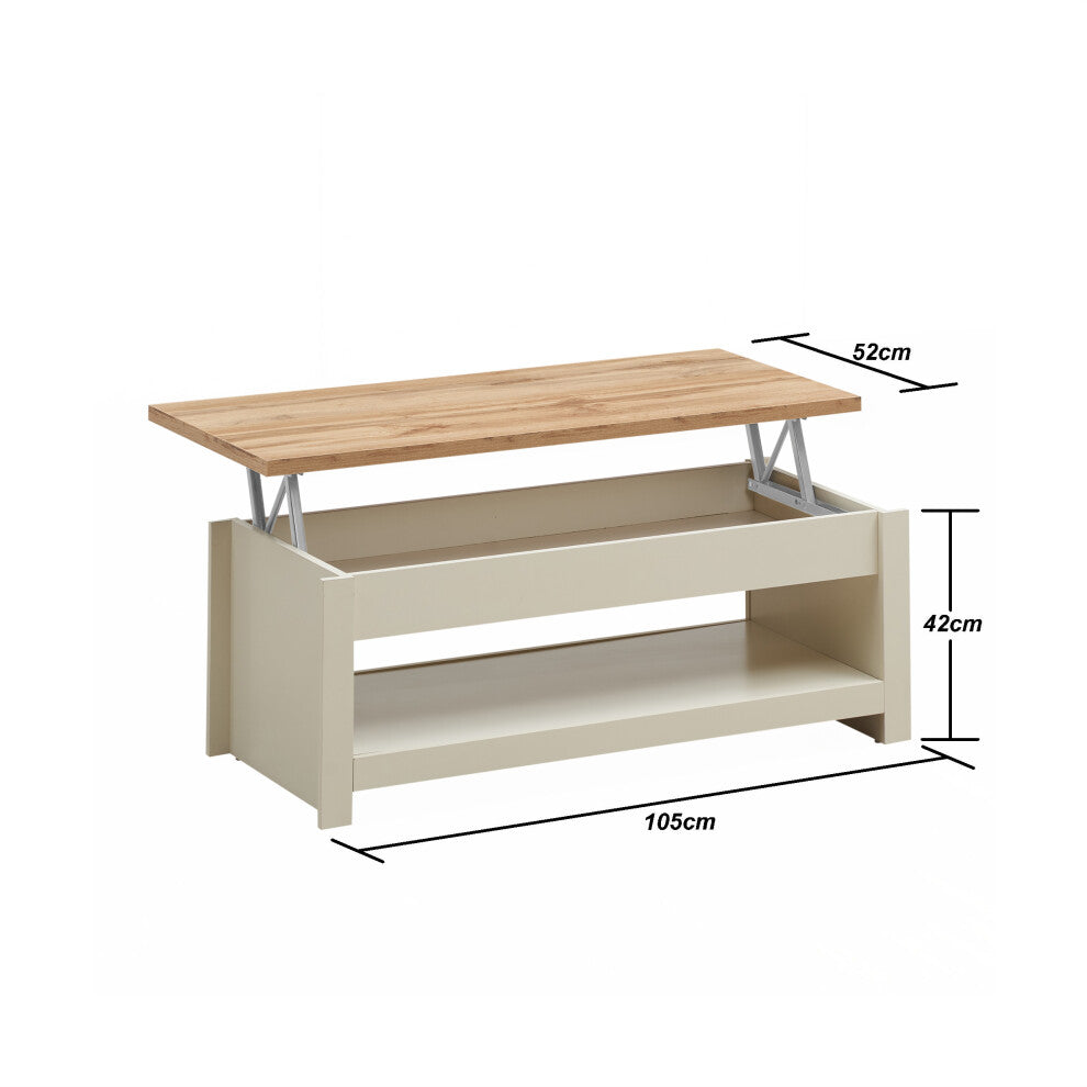 Dimensions of cream coffee table with lift top 105cm long 52cm deep 42cm high