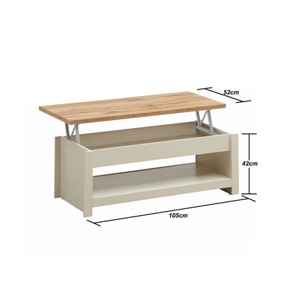 Dimensions of cream coffee table with lift top 105cm long 52cm deep 42cm high