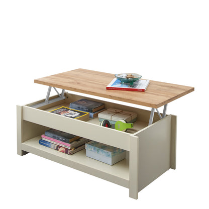 Cream coffee table with storage and oak effect lift top raised over a compartment of books and magazines