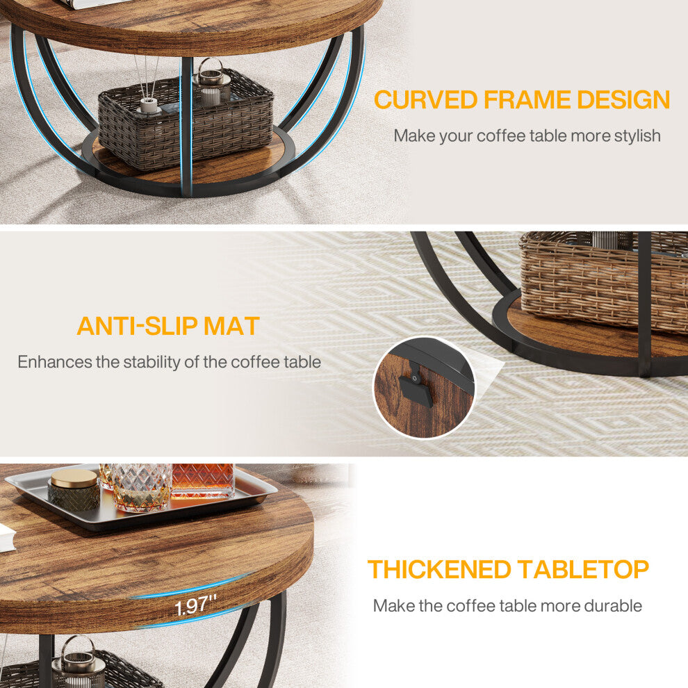 Curved black metal frame, anti-slip feet and 5cm thick top on round wood coffee table