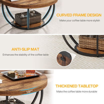 Curved black metal frame, anti-slip feet and 5cm thick top on round wood coffee table