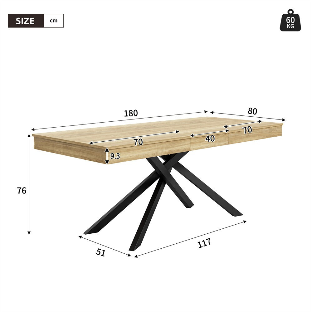 Dining table dimensions: 180cm long, 80cm deep, 76cm high with 60kg load