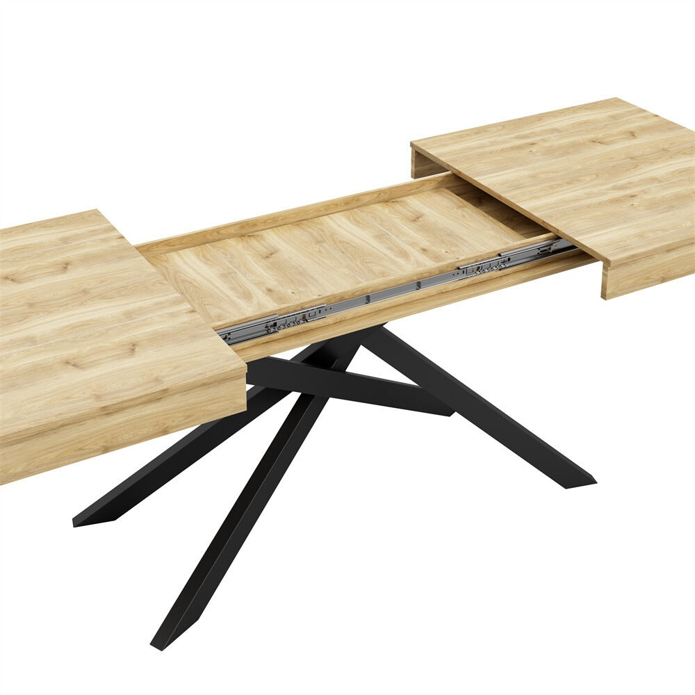 Extending dining table with slide-out centre panel on runners and black cross legs