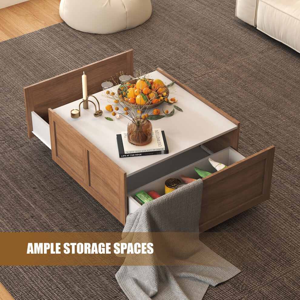 Farmhouse style square coffee table details: white top, barn door panels and two large drawers