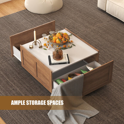 Farmhouse style square coffee table details: white top, barn door panels and two large drawers