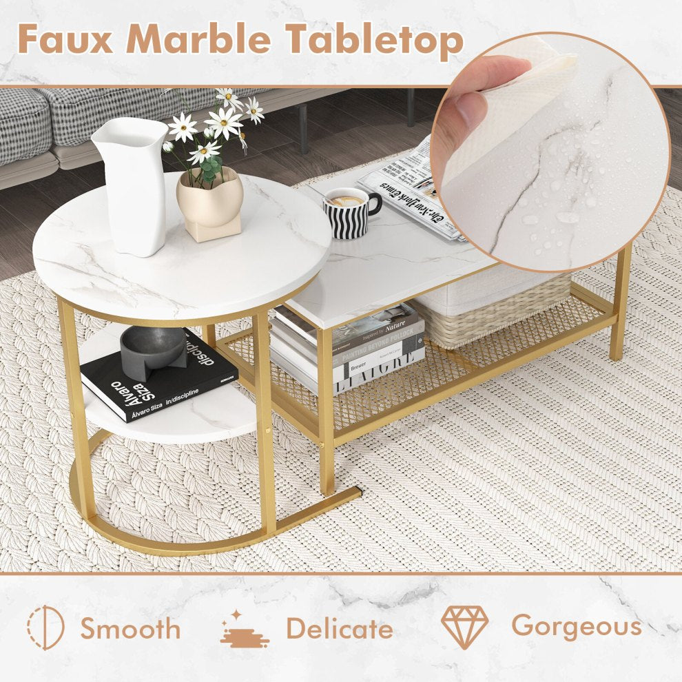 Close-up of faux marble coffee table tops with gold legs and mesh shelf